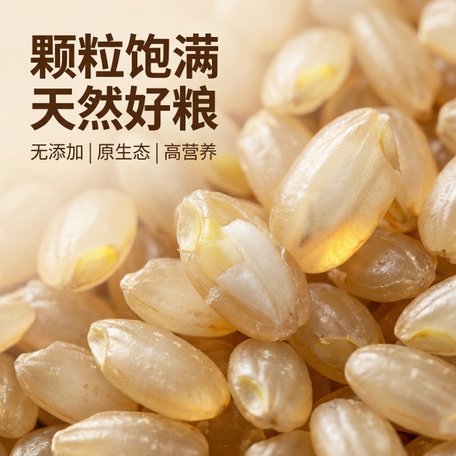 [垫图]用户上传的圆粒糯糙米图片
[主图主题]圆粒糯糙米细节特写
[氛围/风格]清晰亮眼的拼多多食品风格，微距通透质感
[画面元素]圆粒糯糙米颗粒微距特写，放大展示糙米表面的天然纹理和饱满形态，颗粒晶预览效果