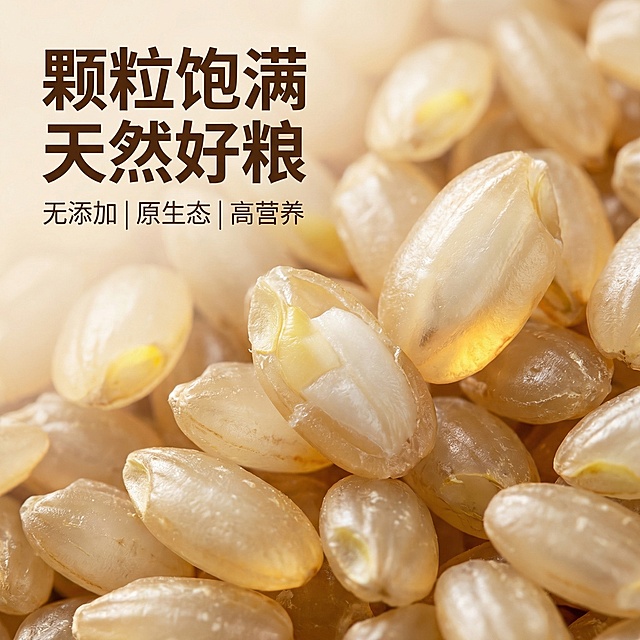 [垫图]用户上传的圆粒糯糙米图片
[主图主题]圆粒糯糙米细节特写
[氛围/风格]清晰亮眼的拼多多食品风格，微距通透质感
[画面元素]圆粒糯糙米颗粒微距特写，放大展示糙米表面的天然纹理和饱满形态，颗粒晶莹有光泽，部分糙米被切开展示内部结构，背景是柔和的浅米色渐变，铺满全屏无边框
[配色色系]主色调：糙米自然浅米色，辅助色：暖黄色高光，整体干净明亮
[视角构图]微距俯视视角，主体颗粒占据画面中心，占比70%，景深很浅突出细节
[文字版式]左侧悬浮加粗大字「颗粒饱满 天然好粮」，下方小字标注「无添加 | 原生态 | 高营养」，字体为无衬线体，深棕色字，文字放置在画面左侧留白处，不遮挡颗粒细节
[比例分辨率]1:1比例，2K分辨率