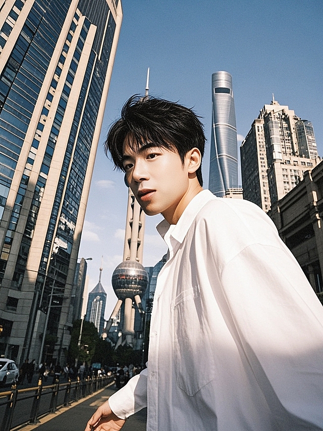 一个男青年，走在上海的街道上，黑色短发，穿白色衬衫，年轻有活力，鱼眼镜头