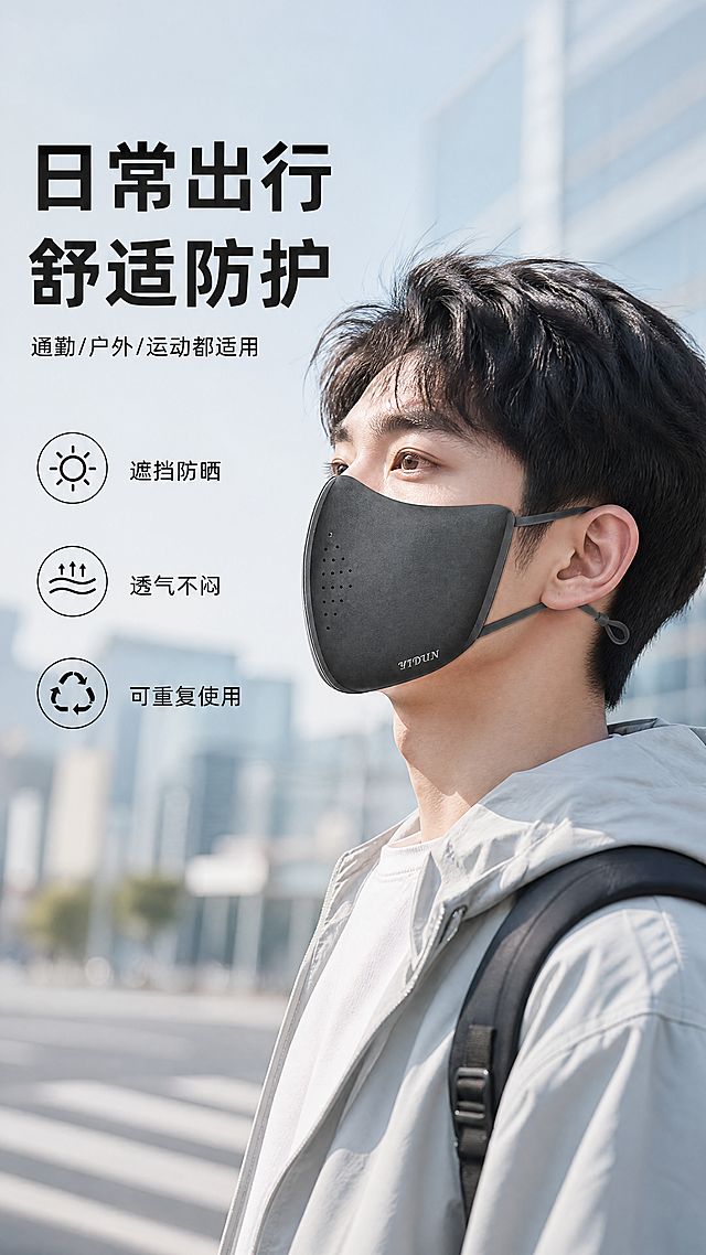 [第5屏] 佩戴场景展示-灰色立体口罩日常出行佩戴场景。
[氛围/风格] 生活化场景，简约干净街景背景，自然真实质感，轻松舒适氛围感。
[元素布局] 本屏使用【图1】口罩作为产品主体，展示口罩佩戴在面部侧面的效果，口罩颜色、结构、打孔细节和挂绳与原图保持完全一致。背景为浅景深虚化的城市街道场景，人物上半身入镜，口罩位于画面视觉中心，占据约40%画面大小。左侧预留文字区域放置主副标题和卖点。
[光影质感] 自然户外日光，柔和明亮，口罩质感真实，背景虚化突出主体，整体通透自然。
[配色色系] 全局底色：浅灰蓝街景背景；主体配色：深灰色口罩+自然肤色+浅灰文字区域；点缀色：深灰文字。
[视角构图] 侧面人像视角，人物侧身站立，口罩清晰展示，左侧文字区域，右侧人物面部和背景。
[文字版式] 左上主标题「日常出行 舒适防护」，加粗黑色；副标题适配多种场景「通勤/户外/运动都适用」，小字黑色；下方三个卖点图标：「遮挡防晒」「透气不闷」「可重复使用」，每个卖点配小图标和短句，文字清晰不遮挡口罩主体。
[比例分辨率] 9:16竖版比例，4K分辨率，文字清晰可辨，超高清。
[负向提示词] 口罩变形，颜色偏差，结构错误，面部扭曲，文字遮挡产品，水印，背景杂乱