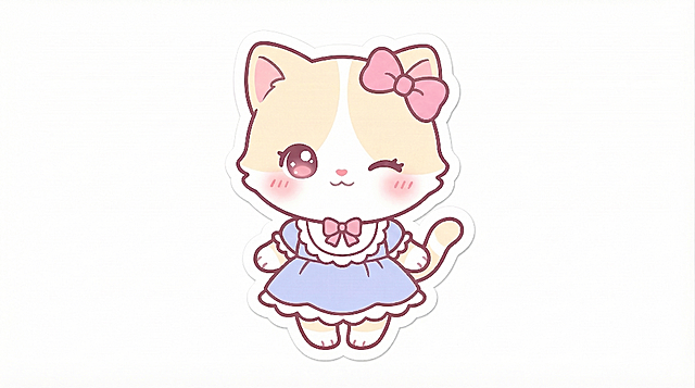 重新生成这张可爱猫咪贴纸，保持原设计：米白色和浅黄色相间的小猫，头上戴着粉色蝴蝶结，穿着带粉色领结和白色蕾丝边的蓝色连衣裙， wink眨眼的表情，腮红，贴纸轮廓