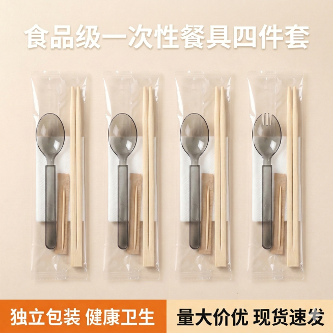 一次性筷子四件套电商主图，1:1比例。顶部核心信息区主标题为“食品级一次性餐具四件套”，白色粗体字。中部商品展示区居中放置上传的一次性筷子四件套产品，产品完整清晰，占画面60%以上，背景为干净的浅米白预览效果