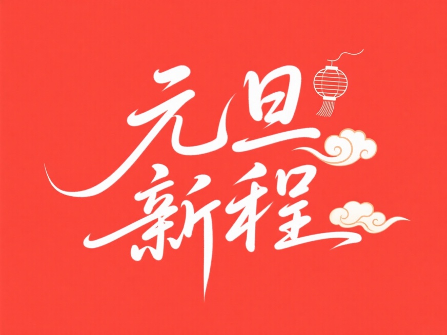 文字 “元旦新程”，文字旁点缀简笔画灯笼和祥云。雅致感，红底白字预览效果