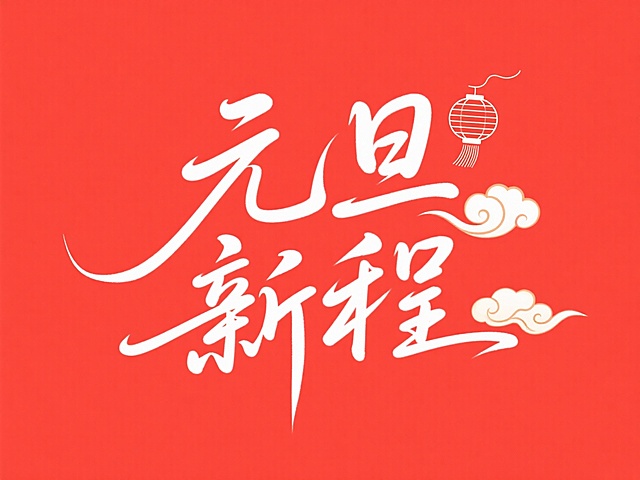 文字 “元旦新程”，文字旁点缀简笔画灯笼和祥云。雅致感，红底白字