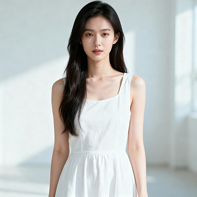 长发美女模特，正面全身图，无袖白色连衣裙，皮肤白皙