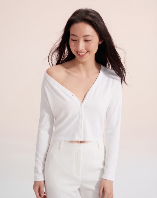 模特穿上图1的衣服的露脸全身照，商业高级拍摄风格，不要扣上衣服，露出一边肩膀、下身穿白色裤子预览效果