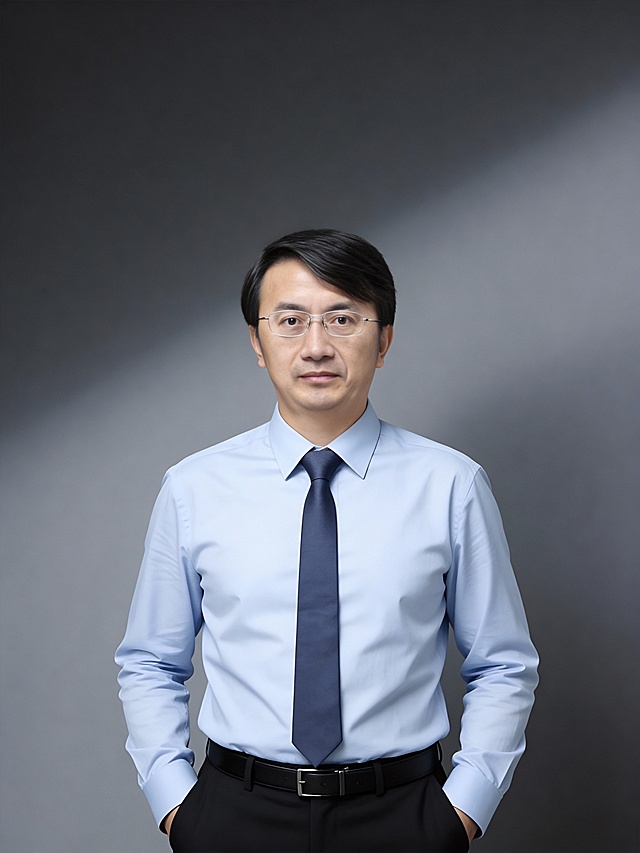 参考第一张图保留人物脸型､发型､年龄等特征生成职场形象照,参考第二张图人物占位和比例,标准焦段50mm,F/4光圈(F/2.8-F/4区间),平视视角(镜头与人物视线齐平);人物占画面70%,人物居中(居中构图),位于画面中心,为视觉聚焦点,入境范围头部及以下至臀部下方10cm(半身像);左右留少量背景空间;头部与画面顶部保留5%空间;头部发型完整,头肩比例协调;身穿浅蓝色高支精梳棉商务长袖衬衫(面料细腻带轻微柔光质感,垂坠感自然),搭配深蓝灰色纯色的领带(带低调缎面微微呈光泽感),黑色羊毛混纺西裤,黑色头层牛皮细皮带(宽度1.5cm),着装正式干练;正式严谨专业稳重,身形匀称,姿态端正｡呈正面双手插兜的站立姿态仅露出手腕部分),肢体自然,自信从容;发梢微微修整干练大气,主体锐利,影棚侧光布光(主光来自画面前方),明暗过渡柔和,背景光线均匀,强化色彩对比的高级感｡简约偏冷调中深灰度纯色背景(呈现均匀柔和质感),极简干净;32K画质超高分辨率､细节清晰,现代精致感风格;肤质精细化处理;眼神直视镜头,目光坚定且澄澈,表情自然.嘴角上扬;面部光比1:1.5,4800K中性光,微微修饰脸型,肤质哑光细腻,面部雾面柔光,轻透裸肌感,真实毛孔纹理,32K画质,去除人物之外的所有元素｡严格按照第一张图内容生成｡