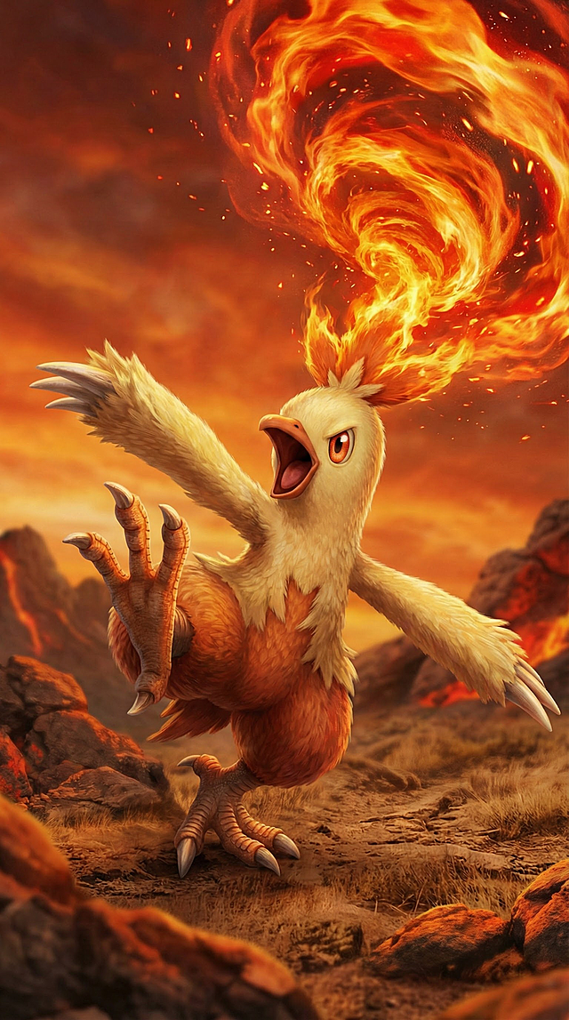 火焰鸡在熔岩地貌中昂首怒吼，3D重拟物风结合插画质感，火羽如瀑，粒子飞溅，充满热血与冲击感，呈现虚拟现实般的视觉盛宴。