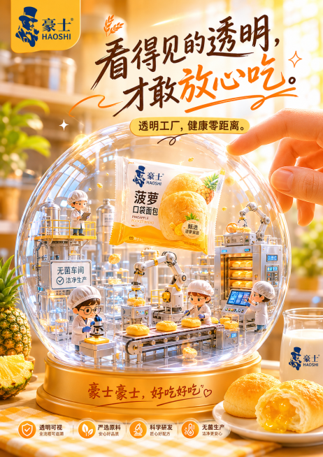 豪士面包海报第二张，主题「微观自然，一口鲜活」，工厂篇：看得见的放心，微距超写实主义，核心主色调豪士黄#FFB82E+牛奶白#FFF9F0+活力橙#FF8C42。核心概念：透明工厂转化为水晶球中的微观预览效果