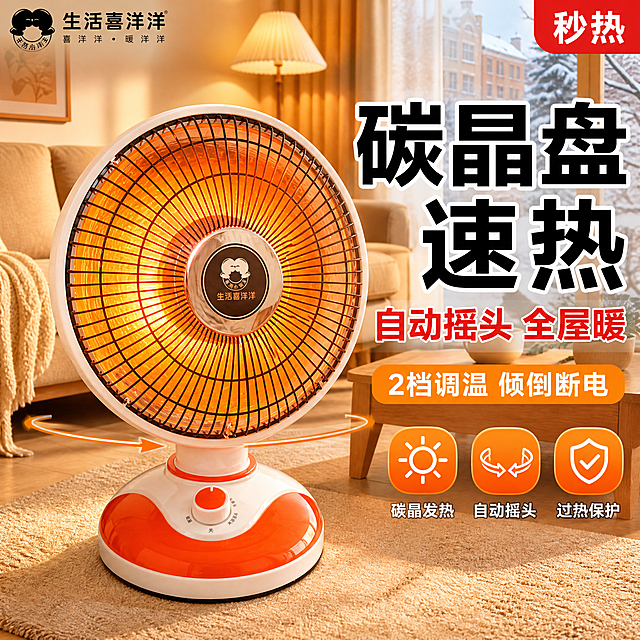 [主图-1] 生活喜洋洋台式小太阳取暖器 客厅生活场景首图 突出碳晶盘加热与自动摇头核心卖点。
[统一基调] 拼多多风格 大字直白 性价比感 暖橙主色调 白色辅助色 红色强调色 粗黑无衬线字体 圆角卡片 大字号标题 视觉冲击力强。
[画面] 产品位于画面中央偏左 占画面约60% 正面微仰视角 取暖器处于工作状态 碳晶盘发出温暖橙红色光芒 自动摇头状态用柔和弧线示意 背景是温馨的现代客厅生活场景 浅色布艺沙发 木质茶几 毛毯搭在沙发扶手上 暖黄色落地灯 窗外是冬日街景 地面有温暖光影 产品底部有自然接触阴影 与场景融合自然 左上角放置生活喜洋洋品牌Logo 右上角有红色圆角标签写"秒热"。
[光影质感] 商业摄影质感 主光从左前方45度打来 产品正面受光均匀 碳晶盘区域有自发光暖光效果 右侧有柔和补光 底部有自然接触阴影 场景整体暖色调 营造冬日温暖氛围 产品塑料外壳有真实光泽 金属网罩有细腻反光。
[配色] 暖橙色主色调 白色辅助色 红色强调色 背景客厅为米白+浅木色+暖黄灯光 整体温暖明亮。
[文字版式] 画面右侧竖排大字标题区 主标题"碳晶盘速热"超大号粗黑字 白色描红边 下方副标题"自动摇头 全屋暖"中号粗黑字 红色 再下方"2档调温 倾倒断电"小号白色字 配三个圆角橙色图标分别对应三个卖点 文字放在右侧负空间 不遮挡产品主体 文字清晰可读。
[输出要求] 1:1正方形比例 文字清晰 产品清晰 不变形 无错字 无模糊 无杂乱杂物 无水印 无平台Logo 产品外观结构颜色与输入图一致 白橙配色 圆形网罩 底座旋钮 品牌标识保持原样。