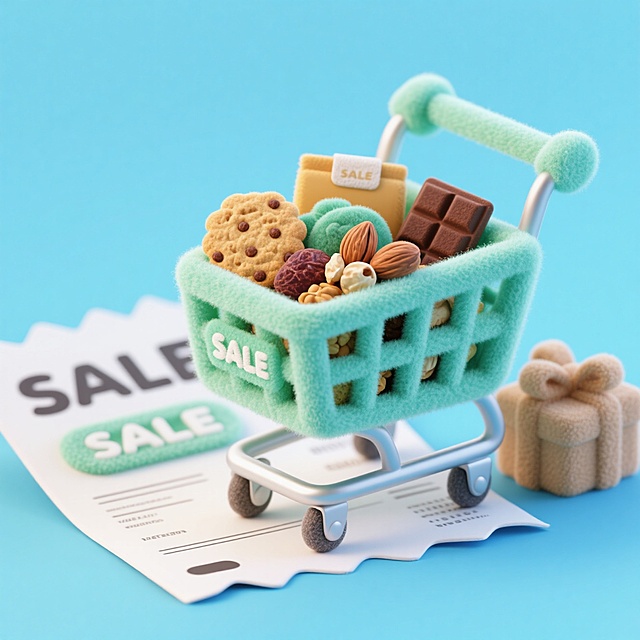 印 “SALE” 的薄荷绿购物车放巨大小票上，装曲奇、坚果、果干、巧克力，浅棕礼盒，背景浅蓝