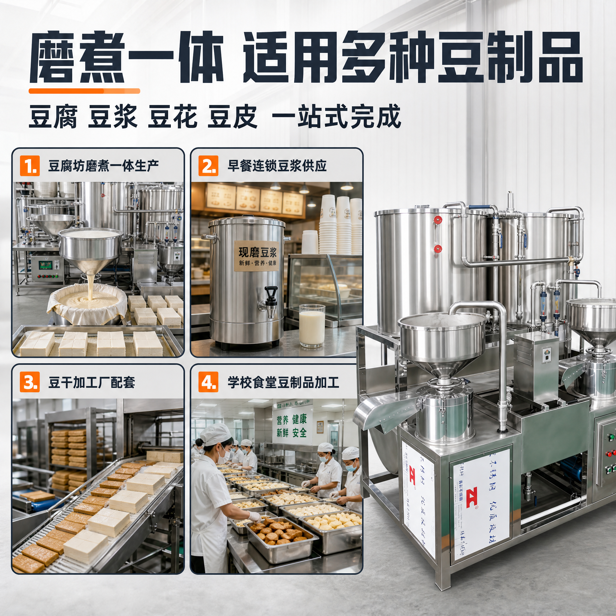 [主图-4] 双桶双磨磨煮机组适用场景图，展示多种豆制品加工应… - 图片创意预览