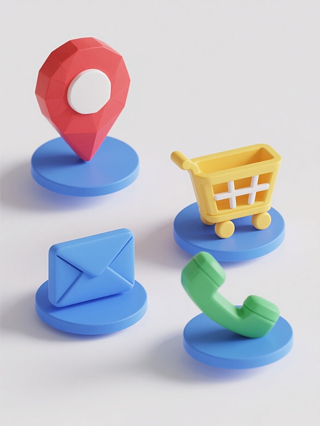 一套4个不同造型的3D立体图标，保持圆润光滑的低多边形风格，每个图标均有鲜明的主体色与白色圆形中心，底部为蓝色半圆形底座，整体悬浮于纯白色背景上，图标造型分别为：1. 红色定位标记，2. 黄色购物车，3. 蓝色信封，4. 绿色电话听筒，所有图标等距规整排列成2x2网格，保持统一的光影效果、柔和阴影及材质质感，设计简洁现代，适合作为系列应用图标或界面元素。