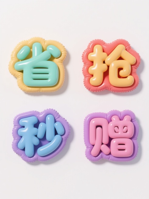 一组4个不同配色规整排布的3D立体素材，每个素材包含膨胀效果的艺术字，字体圆润饱满，采用光滑且有光泽的材质，清晰呈现充气后的自然褶皱和立体凸起感，纯白色背景，文案分别为“省”、“抢”、“秒”、“赠”，整体风格统一为卡通3D充气质感，色彩鲜明，光影过渡柔和，每个字位于独立的充气形状载体上，保持整齐的网格布局。预览效果