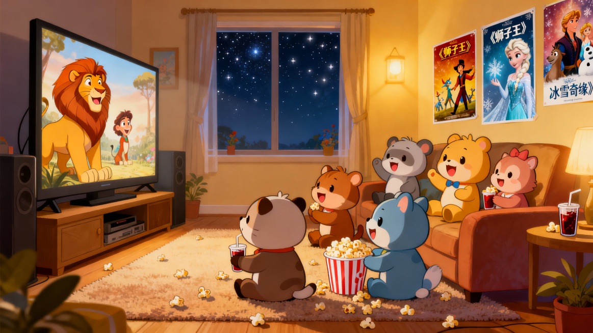 一群可爱的卡通动物围坐在家庭影院前，兴奋地看着大银幕上播放的动画电影，房间布置温馨充满童趣，墙上贴着《狮子王》《冰雪奇缘》等经典动画海报，爆米花和饮料散落在地毯上，窗外是星空夜景，风格是3d卡通风格，预览效果