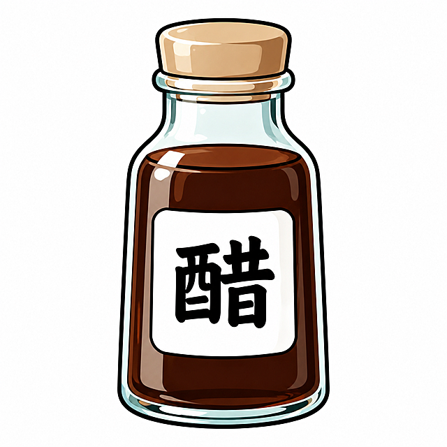 参考图中的卡通插画风格，生成一个玻璃醋瓶，瓶身透明玻璃材质，里面装有深棕色的醋液体，瓶身正面贴有白色方形标签，标签上写有黑色的"醋"字，瓶盖为简约风格，整体为可爱的卡通插画风格，粗黑描边，色彩明快，纯白色背景，正面视角