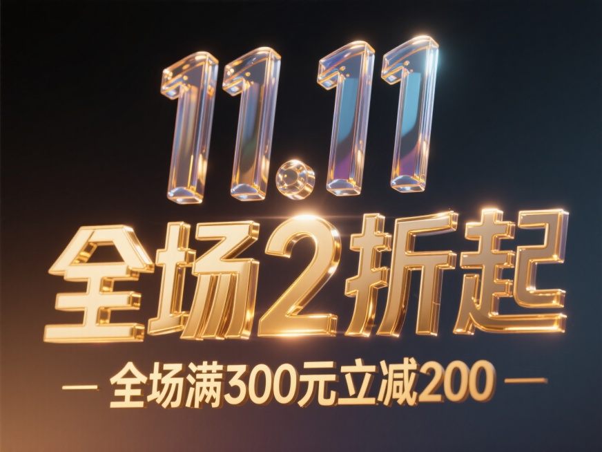 文案“11.11全场2折起”，文案2层展示，玻璃质感描边，副标题 “全场满300元立减200”底部金色文案，暗色渐变背景预览效果