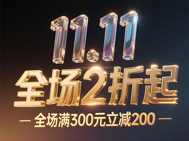 3D玻璃质感与鎏金字体结合，光影流动强化体积感，大字风突出促销信息，营造奢华高端的双十一购物节氛围。