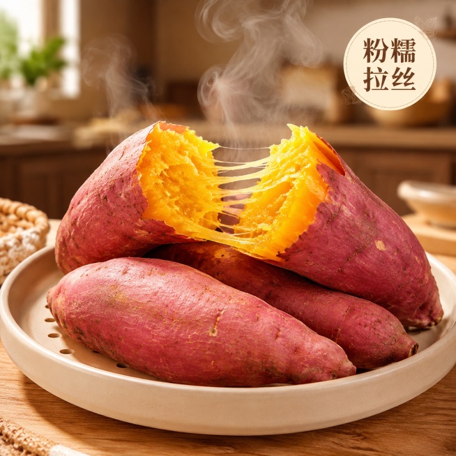 [主图-4] 蒸煮后黄心蜜薯食用场景图。展示蒸好出锅的黄心蜜薯，保留产品原有红皮黄心特征，其中一个蜜薯被轻轻掰开，拉出绵密糖丝，呈现粉糯香甜的诱人状态。摆放在米白色陶瓷蒸盘上，置于温馨厨房餐桌场景，背预览效果