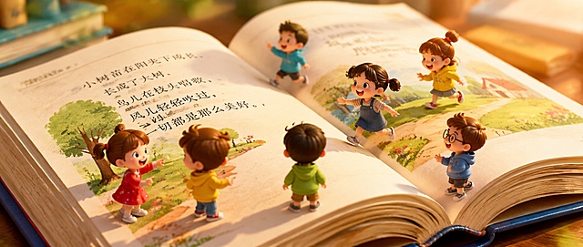 几个微缩小孩子站在一本打开的书页上，书页上有清晰的文字和插图，小孩子们穿着色彩鲜亮的衣服，有红色、黄色、蓝色、绿色等鲜艳色彩，孩子们表情开心活泼，有的在指着书页上的文字，有的在互相交谈，有的在奔跑玩耍，微缩比例明显，书页纹理清晰，温暖柔和的光线，3D卡通风格，可爱童趣，适合儿童主题，画面干净明亮