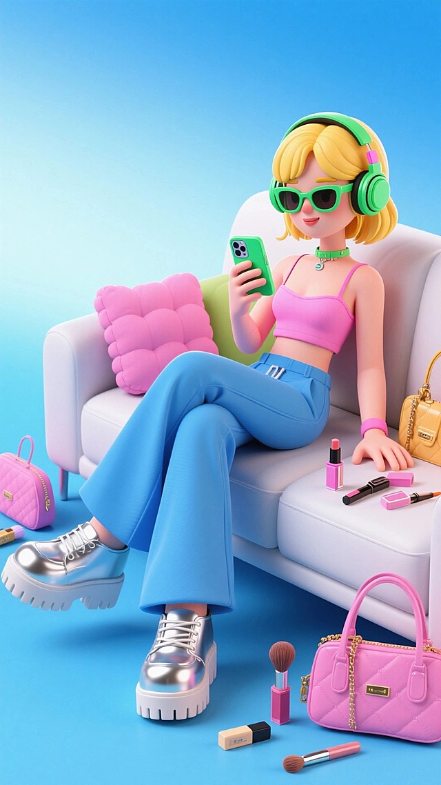 潮酷个性女生，黄发戴绿耳机、墨镜，穿粉吊带、蓝阔腿裤，靠在沙发上玩手机，脚踩银亮厚底鞋，架腿。周围有包包、粉色坐垫，散落化妆品，背景蓝白渐变