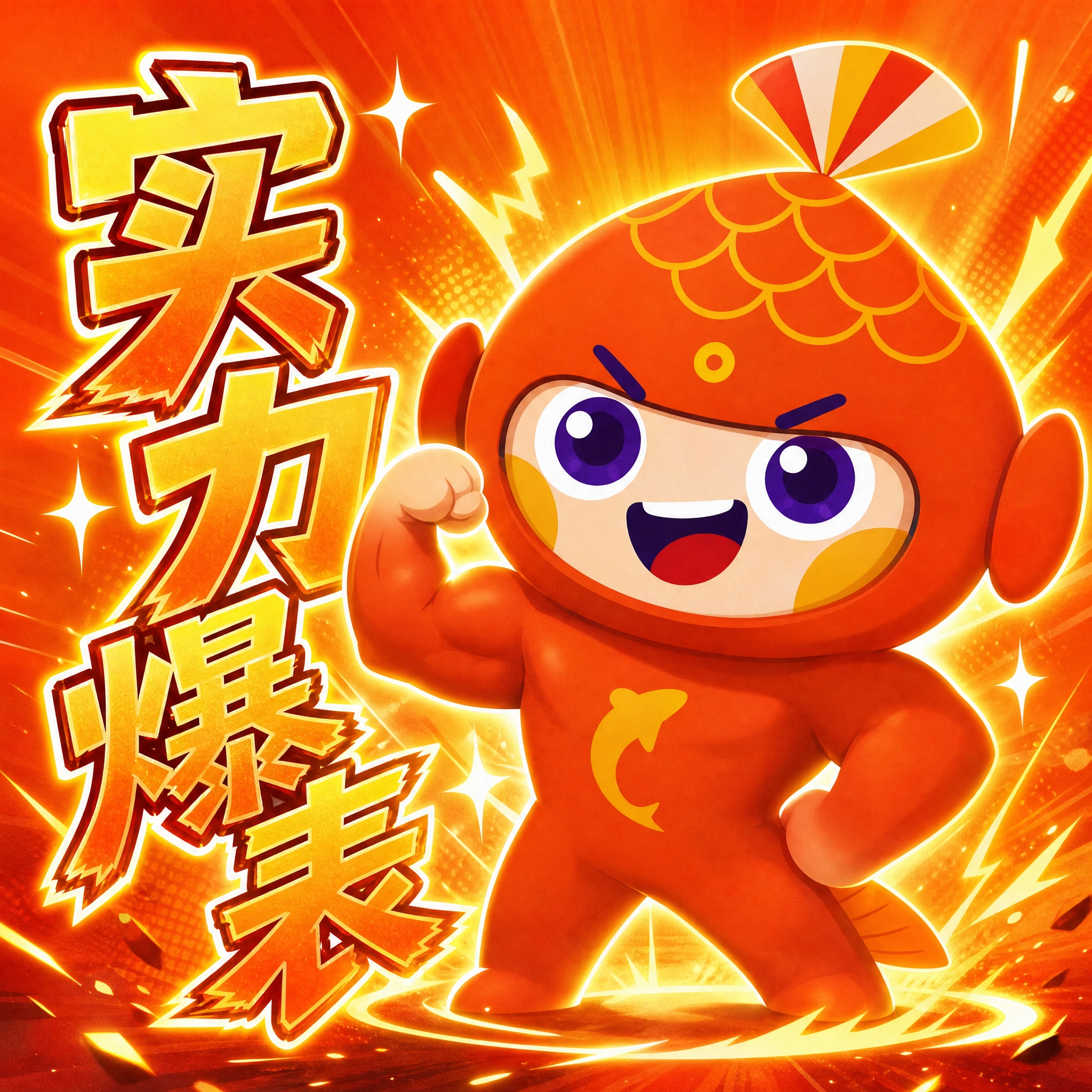 基于参考图中的橙色鱼形卡通IP形象，设计一张"实力爆表"主题表… - 图片创意预览