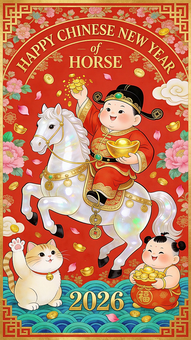 国潮插画风，拟人童子骑白驹，鎏金元宝洒落，剪纸花边点缀，喜庆红底映祥云，卡通猫娃迎春，2026马年贺岁。