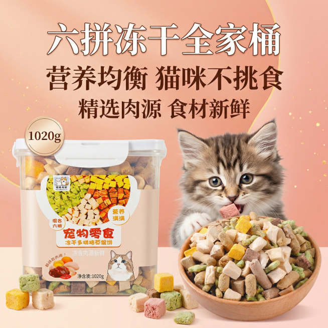 设计1:1比例的淘宝主图，产品是猫冻干零食，展示桶装六拼冻干全家桶，碗里盛放混合冻干，添加一只可爱猫咪正在吃食的画面，重新更换背景并重新排版文案，卖点文案："六拼冻干全家桶" "营养均衡猫咪不挑食"预览效果