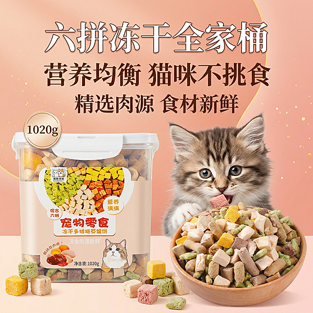 设计1:1比例的淘宝主图，产品是猫冻干零食，展示桶装六拼冻干全家桶，碗里盛放混合冻干，添加一只可爱猫咪正在吃食的画面，重新更换背景并重新排版文案，卖点文案："六拼冻干全家桶" "营养均衡猫咪不挑食" "精选肉源食材新鲜"，设计风格符合电商高点击率，构图突出产品，视觉吸引力强