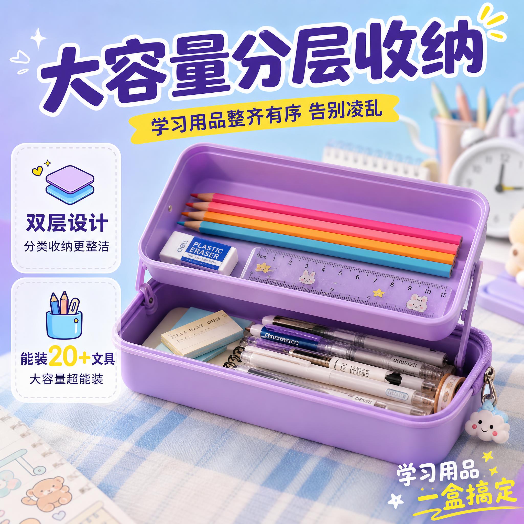 [主图-2] 核心卖点证明，展示文具盒大容量分层收纳功能，证明… - 图片创意预览