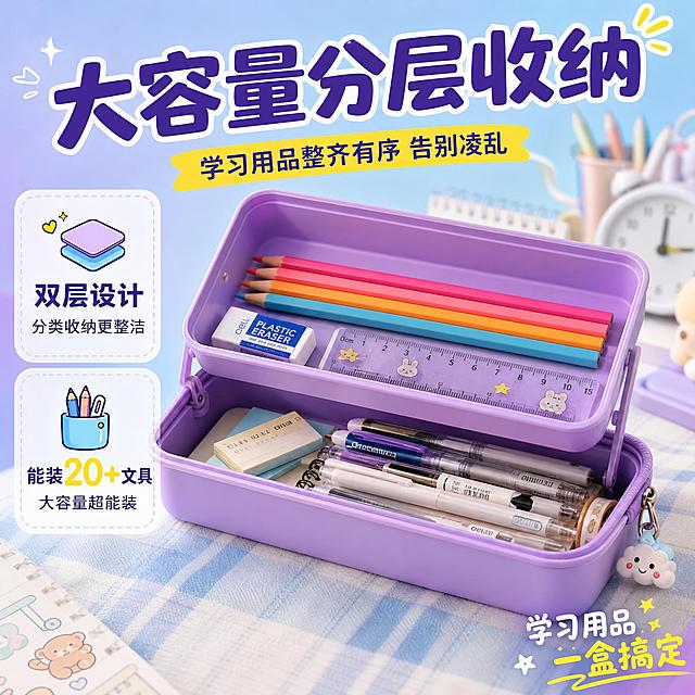 [主图-2] 核心卖点证明，展示文具盒大容量分层收纳功能，证明能装下很多文具。
[统一基调] 抖音风格，场景化强视觉冲击，清新活泼学生向；背景主色为浅蓝+淡紫渐变，标题字色为深紫色，辅助字色为白色，强调色为明黄色；字体为圆润粗体无衬线，字号层级分明，卡片用圆角半透明白底，图标为可爱手绘风。
[画面] 紫色文具盒打开状态，呈现在画面中央，占比约70%，展示内部双层收纳结构。上层摆放几支彩色铅笔、一块橡皮、一把直尺，下层放着钢笔、便签本等文具，清晰展示分层收纳空间。背景是虚化的书桌场景，突出文具盒内部结构。
[光影质感] 商业摄影质感，顶部柔光均匀照射，内部每一层都清晰可见，文具摆放整齐，文具盒内壁材质清晰，有真实的开合角度和深度感。
[配色] 背景浅蓝淡紫渐变虚化，文具盒内外均为马卡龙紫色，文具颜色丰富但不抢主体，标题深紫，强调明黄。
[文字版式] 顶部大标题"大容量分层收纳"，深紫色粗体大字；左侧两个圆角白底图标卡片，分别写"双层设计"和"能装20+文具"，配小图标；右下角小字"学习用品 一盒搞定"。文字不遮挡文具盒开口和内部展示。
[输出要求] 1:1正方形比例，2048*2048，文字清晰可读，产品清晰不变形，无错字，无杂乱元素，无水印，无平台Logo，无悬浮感。