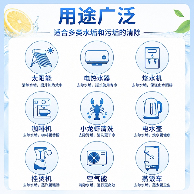 电商主图，柠檬酸酸性清洁剂产品用途展示图，重新设计第三张用途图的风格，采用蓝白清新配色，标题为"用途广泛"，副标题为"适合多类水垢和污垢的清除"，展示9种应用场景：太阳能、电热水器、烧水机、咖啡机、小龙虾清洗、电水壶、挂烫机、空气能、蒸饭车，每个场景配简约图标和文字说明，整体排版整齐美观，风格统一，正方形构图