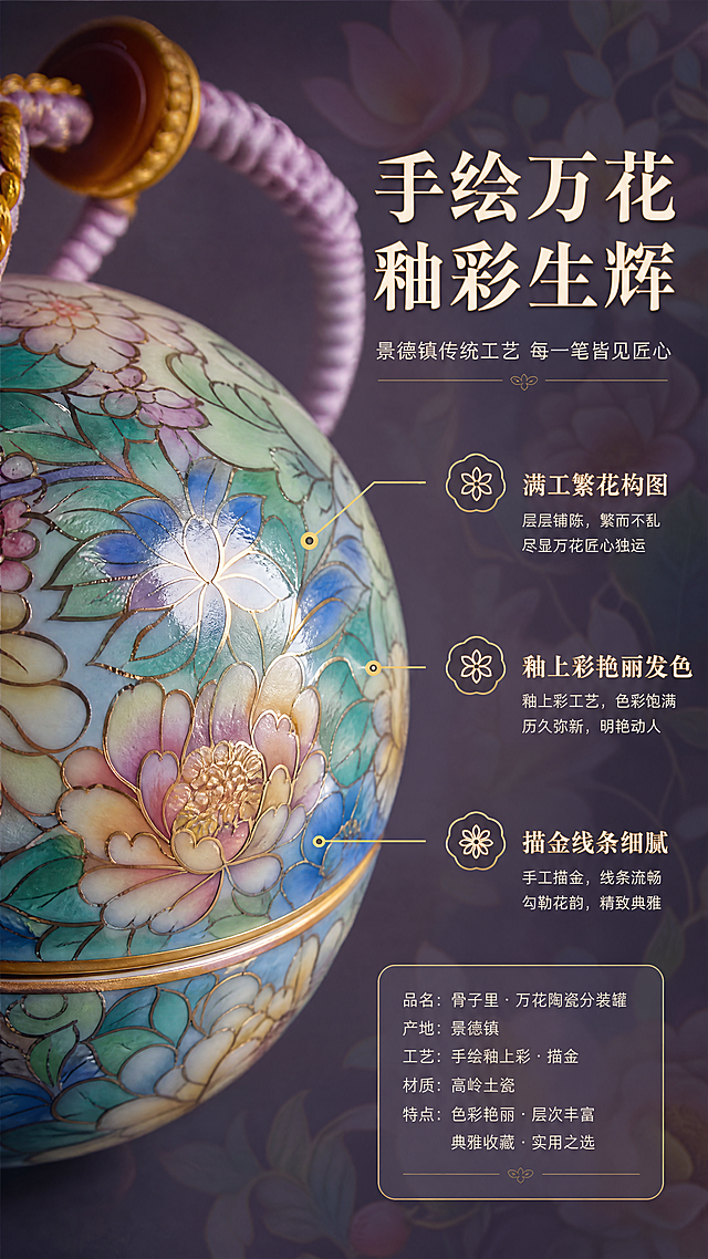 [商品] 使用【图1】骨子里·万花陶瓷分装罐；重点保留罐身万花手绘图案的细节：花瓣层次、叶脉纹理、紫绿蓝黄多色搭配、金色描边线条、陶瓷釉面光泽；微距下纹样清晰真实，不改变图案原貌。
[画面] 页面目标：细节工艺展示，突出景德镇手绘万花的精致与艳丽。构图：竖版9:16，罐身花纹局部微距特写占画面约70%，聚焦几朵主花（菊花/牡丹/宝相花）的花瓣与描金细节；左侧或右侧留白放文字；背景为柔焦的同色系繁花虚影，增加层次感；画面能看清釉面温润反光与手绘笔触。
[视觉] 套系策略：风格=国风新中式轻奢商业摄影；标题字=宋体衬线粗体；正文字=简洁细黑体；主色=繁花多彩（紫/青/粉/金），背景延展=深紫绿渐变+暗花影质感；强调色=描金，用于重点引线和图标；标题色=米白金边；正文色=浅米白；组件=细金线引线标注、花朵形图标、圆角半透明信息卡；光影=柔和侧光打亮花纹浮雕感，均匀布光，无光斑、无死黑。
[文字] 右侧竖排区域（文字横排）主标题「手绘万花 釉彩生辉」，副标题「景德镇传统工艺 每一笔皆见匠心」；配3个工艺卖点「满工繁花构图 / 釉上彩艳丽发色 / 描金线条细腻」；用细引线指向对应花纹部位；所有文字横排。
[规格] 图片比例9:16竖版，4K分辨率，负向提示：光斑、过曝、模糊、错字、文字竖排、图案失真、颜色发灰、水印。
