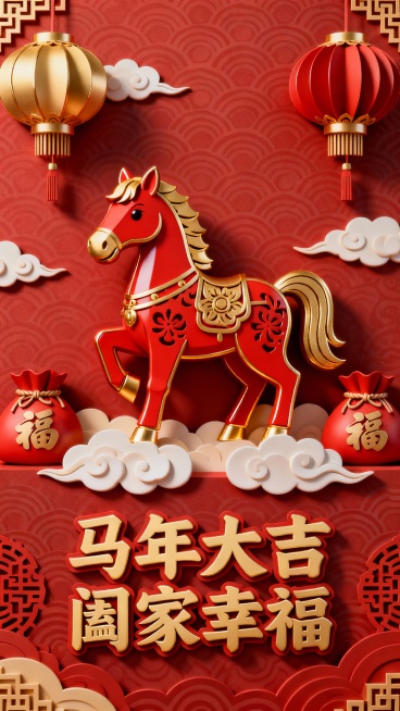 立体剪纸小马・传统新潮风
核心创意：传统中式剪纸与现代立体工艺结合，红金剪纸小马做 3D 立体效果，搭配中式窗格、祥云底纹，既有传统年味，又有现代设计感，适配全家通用的新春祝福、节日海报封面。
视觉细预览效果