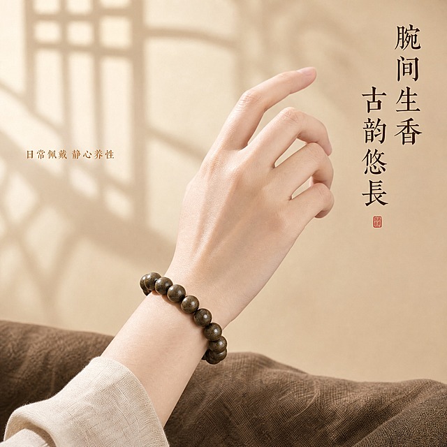 [主图-3] 人参黄芪古法合香珠手串佩戴展示图，展示佩戴效果与东方雅致气质，体现日常佩戴的文化美感。
[统一基调] 整体风格为新中式古典简约，柔和雅致有质感；背景主色为米白渐变浅驼色，辅以淡赭石色点缀；标题字色为深棕褐色，辅助字色为赭石色；字体为书法感宋体/瘦金体风格，字号层级分明；画面元素极简，留白充足，体现非遗手作的沉静气质。
[画面] 一只东方女性的手（30岁左右，皮肤白皙细腻，手指修长）自然舒展，手腕上佩戴着合香珠手串，手串位于画面视觉中心，占比约40%。手呈放松姿态，略微抬起，手指自然弯曲。背景为浅米色渐变，后方有模糊的中式窗格光影投影，营造雅致的室内氛围。手的下方有一块深棕色亚麻布料作为衬托。手串珠子保持原图的深棕褐色磨砂质感，圆润饱满，与肤色形成柔和对比。
[光影质感] 柔和的窗边自然光，从左上方照射，在手串珠子表面形成温润的高光过渡，色泽自然渐变。手腕皮肤质感细腻真实，手串与皮肤接触处有自然的阴影和贴合感。整体光影柔和朦胧，营造温暖雅致的东方美学氛围。
[配色] 主色调：米白、浅驼、深棕褐、肤色；点缀色：亚麻棕、暖灰；整体色调柔和温暖，色泽过渡自然，体现佩戴的雅致美感。
[文字版式] 画面右上角竖排主标题「腕间生香 古韵悠长」，书法宋体，深棕褐色；左侧横排小字「日常佩戴 静心养性」，赭石色，字号为主标题的40%。文字放在角落留白区域，不遮挡手部和手串主体。
[输出要求] 1:1正方形，2K高清分辨率，产品清晰锐利，文字清晰可读，手部自然真实，整体氛围柔和有质感。禁止：手指畸形、手部变形、错字、模糊、水印、平台Logo、夸张妆容、现代感过强的服饰、塑料感。