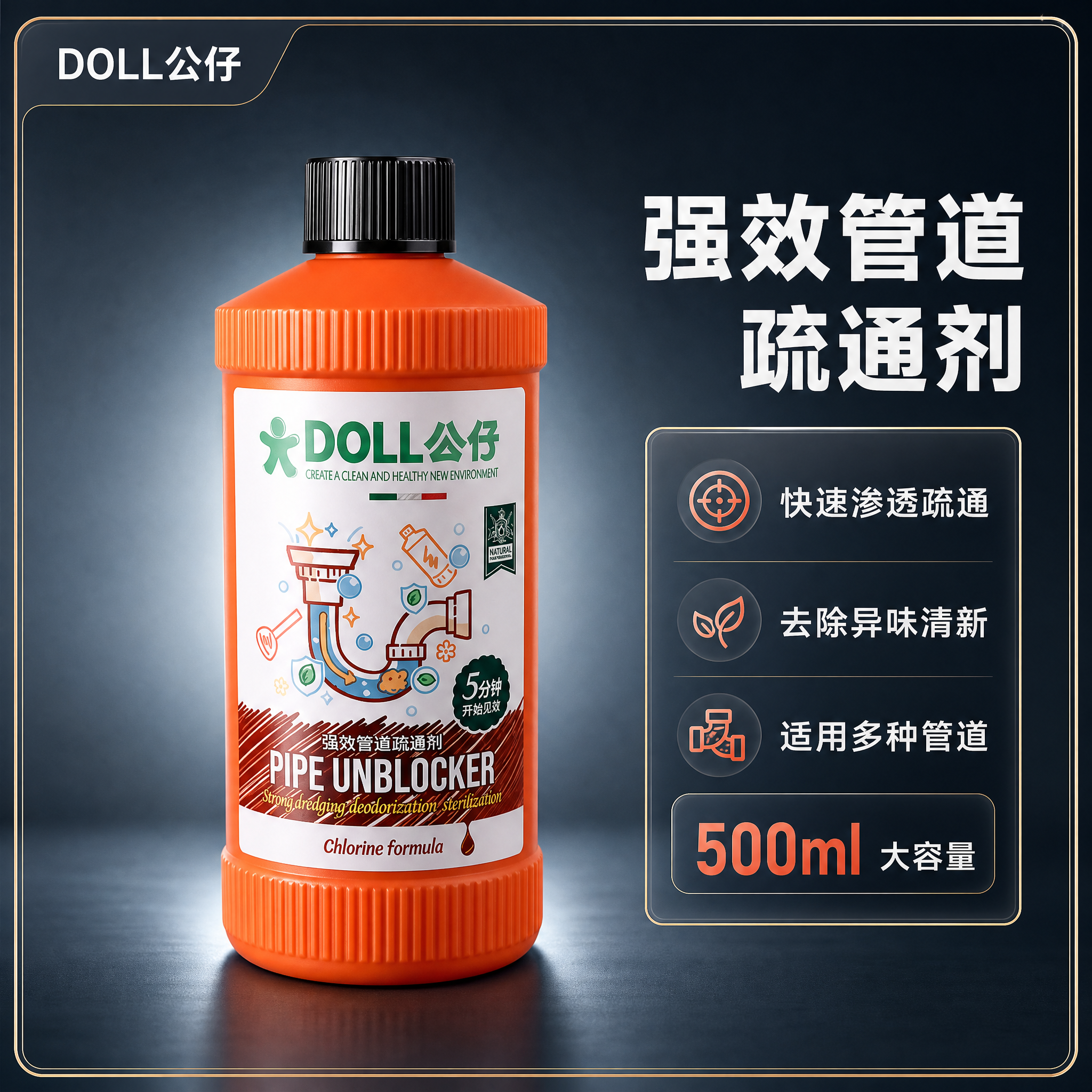 [主图-1] 带介绍边框的高端首图，产品正面展示，强效管道疏通… - 图片创意预览