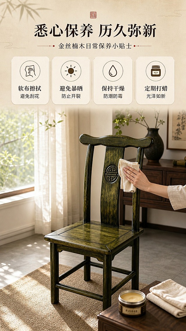 [商品] 使用【图1】金丝楠木官帽椅（乌木色）；保留整椅结构与颜色；椅子旁有一只手拿着软布轻轻擦拭椅子靠背，展示保养场景。
[画面] 目标：保养说明页，讲解金丝楠木日常保养方法。上文下景构图，上方约1/3为保养贴士文案区，下方约2/3为保养场景图。场景：新中式家居环境，椅子放在窗边，阳光柔和。一只手拿着棉质软布轻轻擦拭椅子靠背，旁边放着一小罐木质保养蜡和一块干净的布。背景有绿植与白纱帘，温馨明亮。
[视觉] 套系策略：风格=新中式东方雅致商业摄影；标题字=宋体粗体（思源宋体Heavy）；正文字=简洁黑体（思源黑体Regular）；主色=乌木深绿棕；背景延展=基于乌木棕做深浅层级、米杏色宣纸质感底、同色系渐变；强调色=朱砂红，仅用于小面积印章、引线和标签；标题色=深炭棕；正文色=暖灰棕；组件=细线引线、圆角米白底信息卡、中式印章元素；光影=窗边柔和自然光，温暖明亮。
[文字] 上方文案区：主标题「悉心保养 历久弥新」，副标题「金丝楠木日常保养小贴士」，4条保养建议「软布擦拭 避免刮花」「避免暴晒 防止开裂」「保持干燥 防潮防霉」「定期打蜡 光泽如新」。文字均横排。
[规格] 图片比例9:16竖版，1K，high quality。避免变形、错字、文字过小、冷蓝背景、椅子颜色改变、出现极限词。