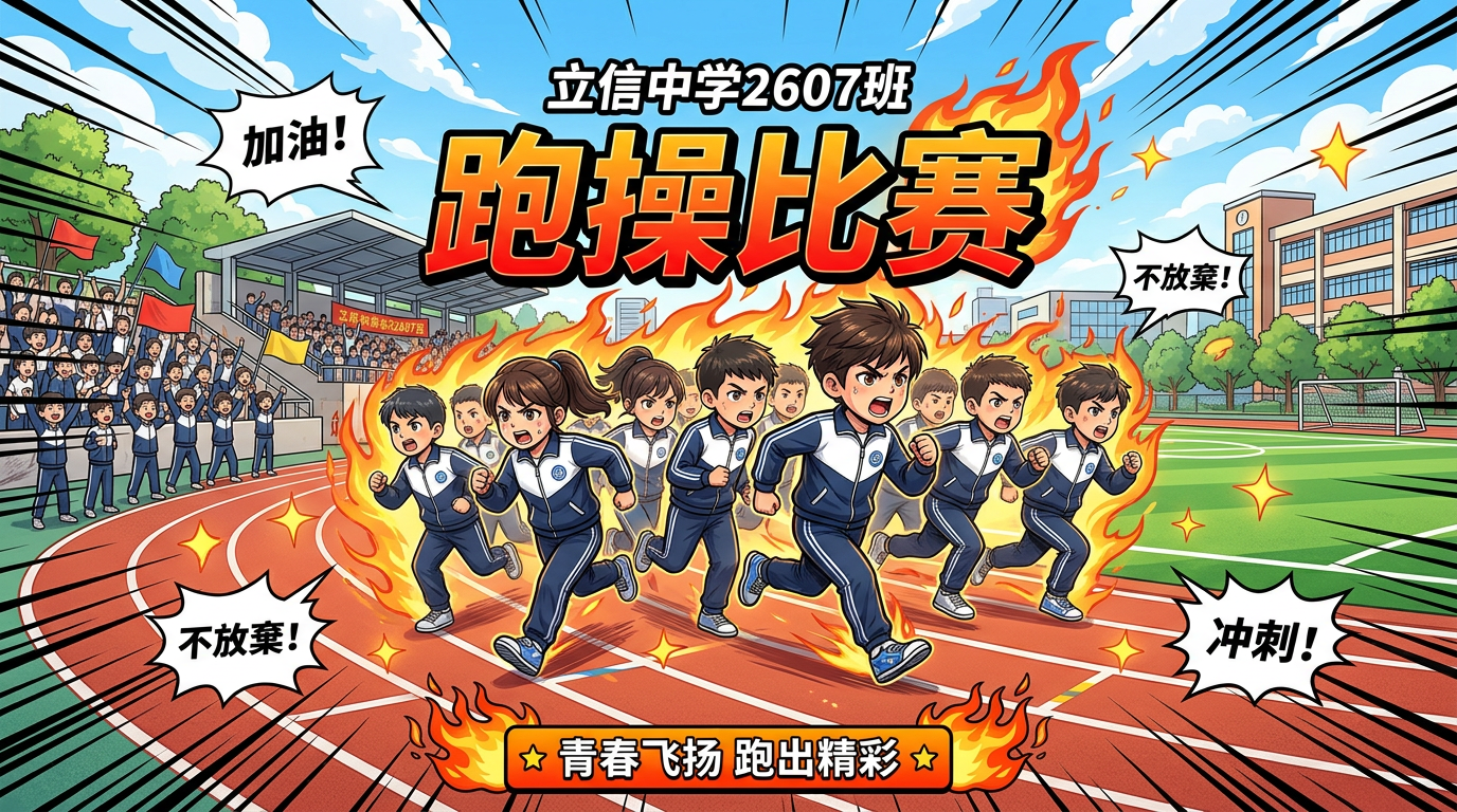 立信中学2607班跑操比赛短视频漫画版横屏封面，16:9比例，… - 图片创意预览