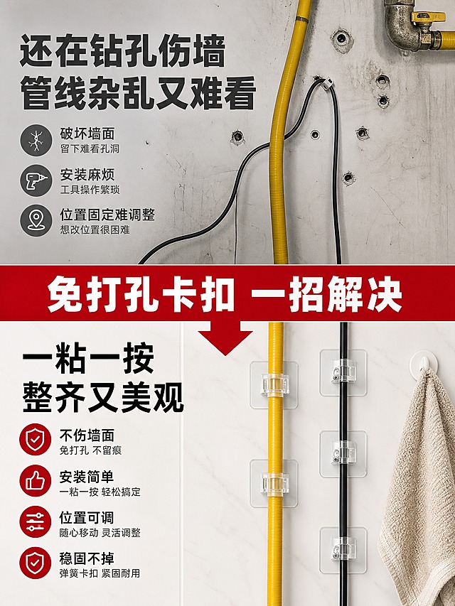 [商品] 使用【图1】【图5】透明方形免打孔卡扣；保留透明底座、弹簧卡扣结构、外观比例和颜色；用于夹持固定管道线缆。
[画面] 页面目标：痛点对比 传统钻孔伤墙 vs 免打孔整齐有序。构图：上下分栏对比型，上半部分Before痛点区，下半部分After解决区。景别：中景。上半部分：灰暗冷色调，墙面有钻孔钉孔痕迹，黄色燃气管和黑色电线杂乱垂落，墙面显得破旧凌乱。下半部分：明亮暖白色调，同样的墙面位置，透明卡扣整齐固定管道线缆，墙面干净整洁，旁边挂着小抹布。中间有一条红色分隔带，带箭头指向下方表示改善。
[视觉] 套系策略：风格=拼多多大字报风格 暖白家居商业摄影；标题字=粗黑无衬线黑体；正文字=清晰无衬线黑体；主色=暖白色；背景延展=基于暖白做深浅层级、瓷砖纹理、同色渐变；强调色=中国红，仅用于分隔带、图标、重点文字；标题色=黑色（After区）深灰（Before区）；正文色=深灰色；组件=红色分隔箭头、对比标签框；光影=上半部分冷暗阴影重，下半部分暖光明亮通透，形成强烈对比。
[文字] 上半部分深灰色大标题 还在钻孔伤墙 管线杂乱又难看 下方小字列痛点 破坏墙面 安装麻烦 位置固定难调整。中间红色分隔带白色大字 免打孔卡扣 一招解决。下半部分黑色大标题 一粘一按 整齐又美观 下方列优势 不伤墙面 安装简单 位置可调 稳固不掉。文字横排，不遮挡核心产品。
[规格] 图片比例3:4竖版（宽1500高2000），2K，避免变形、错字、文字过小、产品悬浮、绝对化用语、平台Logo水印、夸张恐吓式痛点表现。