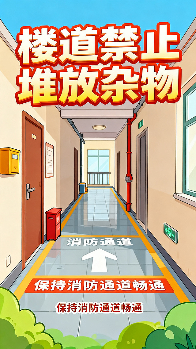 动画主题公益宣传海报，醒目标题文字"楼道禁止堆放杂物"，卡通风格设计，色彩明快，提醒大家保持消防通道畅通，画面干净清晰