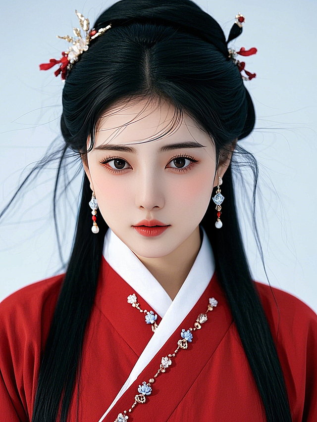 女生，汉服证件照，国风，纯色背景