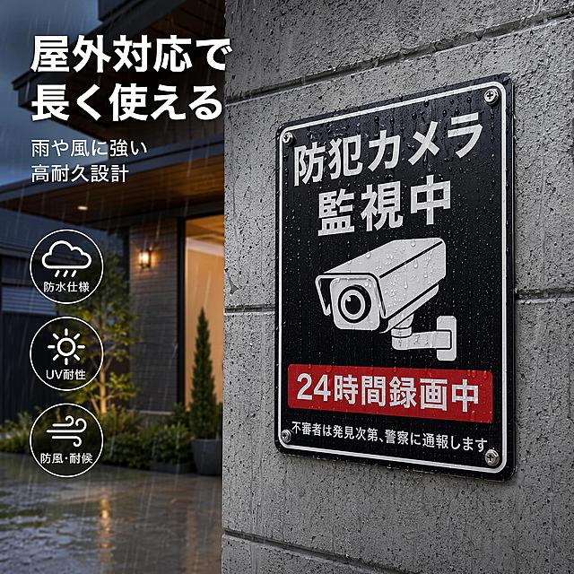 亚马逊跨境电商主图，1:1正方形，展示监控指示牌的户外安装使用场景，体现防水耐用特性，所有文案使用日语，高端实景风格