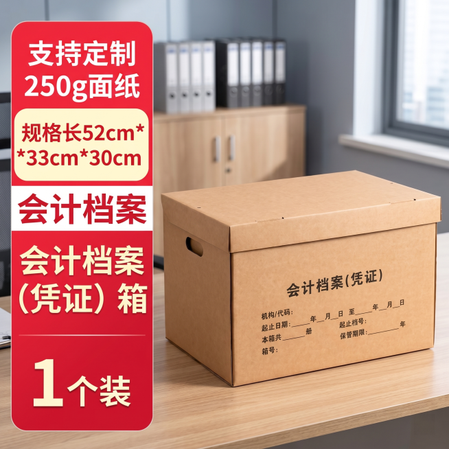 [主图 1] 会计档案凭证箱电商首图，复刻参考图左侧卖点排版风格。保持原产品外观（牛皮纸材质、颜色、印刷文字、手提孔结构）与输入产品图绝对一致，杜绝任何变形和色差，精细化处理。产品为单个会计档案凭证箱预览效果