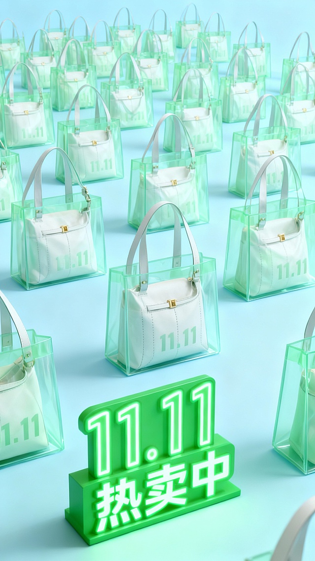 清新绿调3D风设计，透明塑料包阵列排列，霓虹灯感“11.11热卖中”字样，融合轻拟物与潮流元素，营造清爽时尚促销氛围。