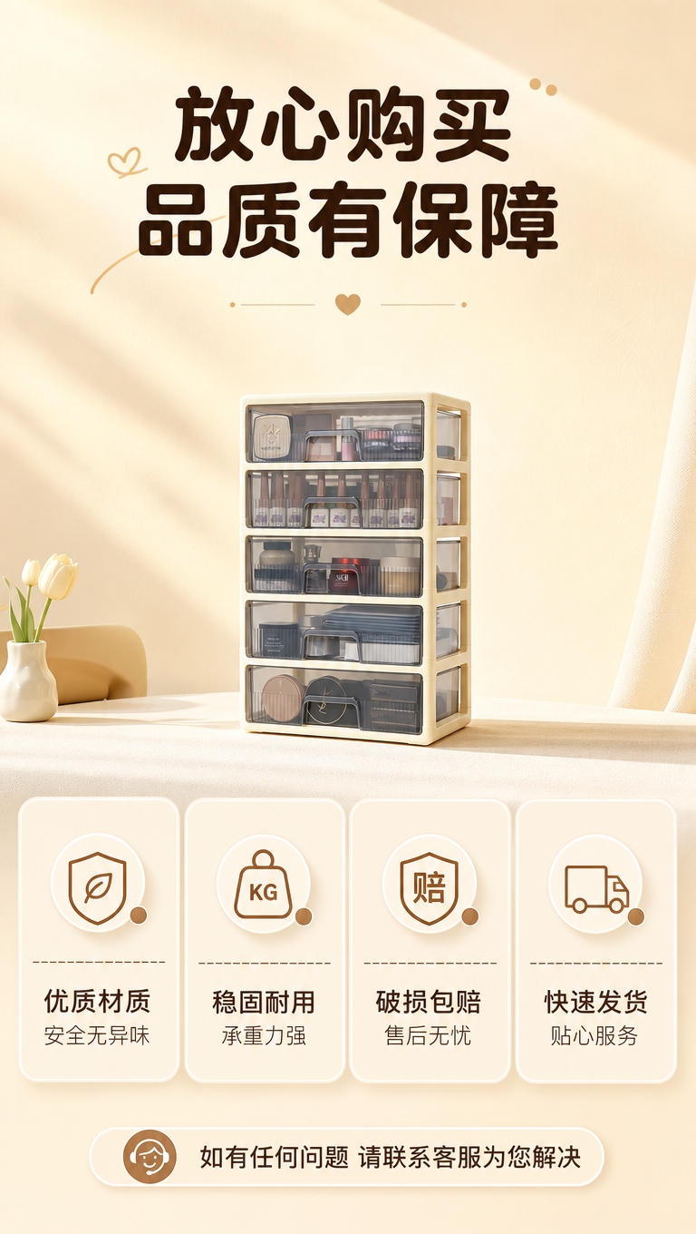 [商品] 使用【图1】奶油白五层抽屉式化妆品收纳柜；保留产品外… - 图片创意预览