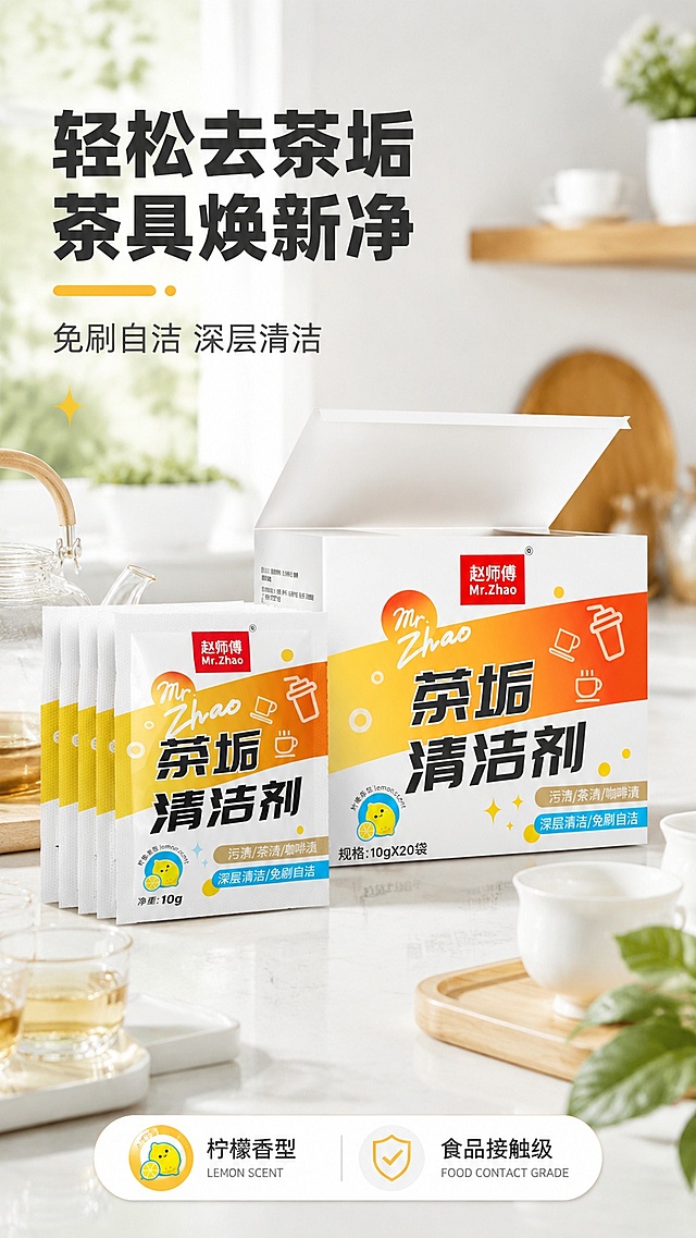 [第1屏] 详情页头图-赵师傅茶垢清洁剂产品海报。本屏使用【图1】作为商品主体。
[氛围/风格] 清新干净家居风，明亮厨房场景，商业摄影质感，通透干净氛围。
[元素布局] 茶垢清洁剂包装盒和独立包装袋组合展示，放置在干净石英石台面，产品主体占画面60%-70%，左上方预留主标题区域，台面点缀干净茶具，保持产品包装结构、文字、颜色与输入产品图完全一致。
[光影质感] 正面柔光均匀照明，自然柔和阴影，产品主体清晰通透，高光点缀包装表面。
[配色色系] 全局底色 #F5F9F8；主色提取产品包装橙黄渐变；辅助色浅绿台面装饰、深黑标题文字。
[视角构图] 正面平视视角，产品居中作为视觉中心，阅读动线从上至下，自然流畅。
[文字版式] 版式为顶标题+中间产品+底部信息条。主标题「轻松去茶垢 茶具焕新净」，副标题「免刷自洁 深层清洁」，标题加粗清晰；底部信息条标注「柠檬香型 食品接触级」，文字不遮挡产品主体，大小适合移动端阅读。
[比例分辨率] 9:16竖版比例，4K分辨率，文字清晰可辨，高清画质。
[负向提示词] 产品变形，包装文字错乱，缺件错件，颜色偏差，水印，文字过小，背景杂乱。