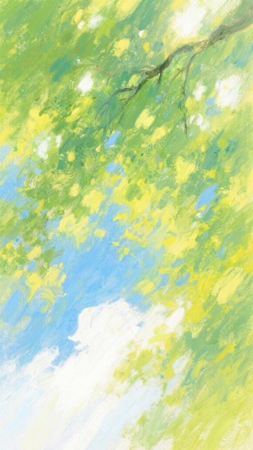 印象派风格油画，夏日背景，以绿色和黄色为主色调，融入明亮的蓝色和清新的白色，笔触厚重而富有动感，光影斑驳，阳光透过树叶洒下，营造出欢快明亮、生机勃勃的夏日氛围，画面整体呈现出模糊而柔和的视觉效果，色彩和谐统一，充满自然的活力与清新感。预览效果