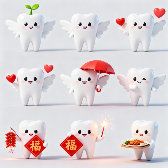 软3D风格一颗牙齿做着不同动作的统一IP插画，并规整排列，这个IP形象为一颗洁白的短体牙齿，它的眼睛圆圆的，嘴巴微笑着，旁边有对稍大点的翅膀，每个元素均有统一纯色背景和圆润3D造型。六个动作分别是：1预览效果