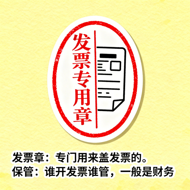 卡通风格插图贴纸：发票章，一个椭圆形红色印章，上面刻有发票专用章字样，旁边有发票图案，文字说明'发票章：专门用来盖发票的。保管：谁开发票谁管，一般是财务'，背景简洁，色彩明亮预览效果