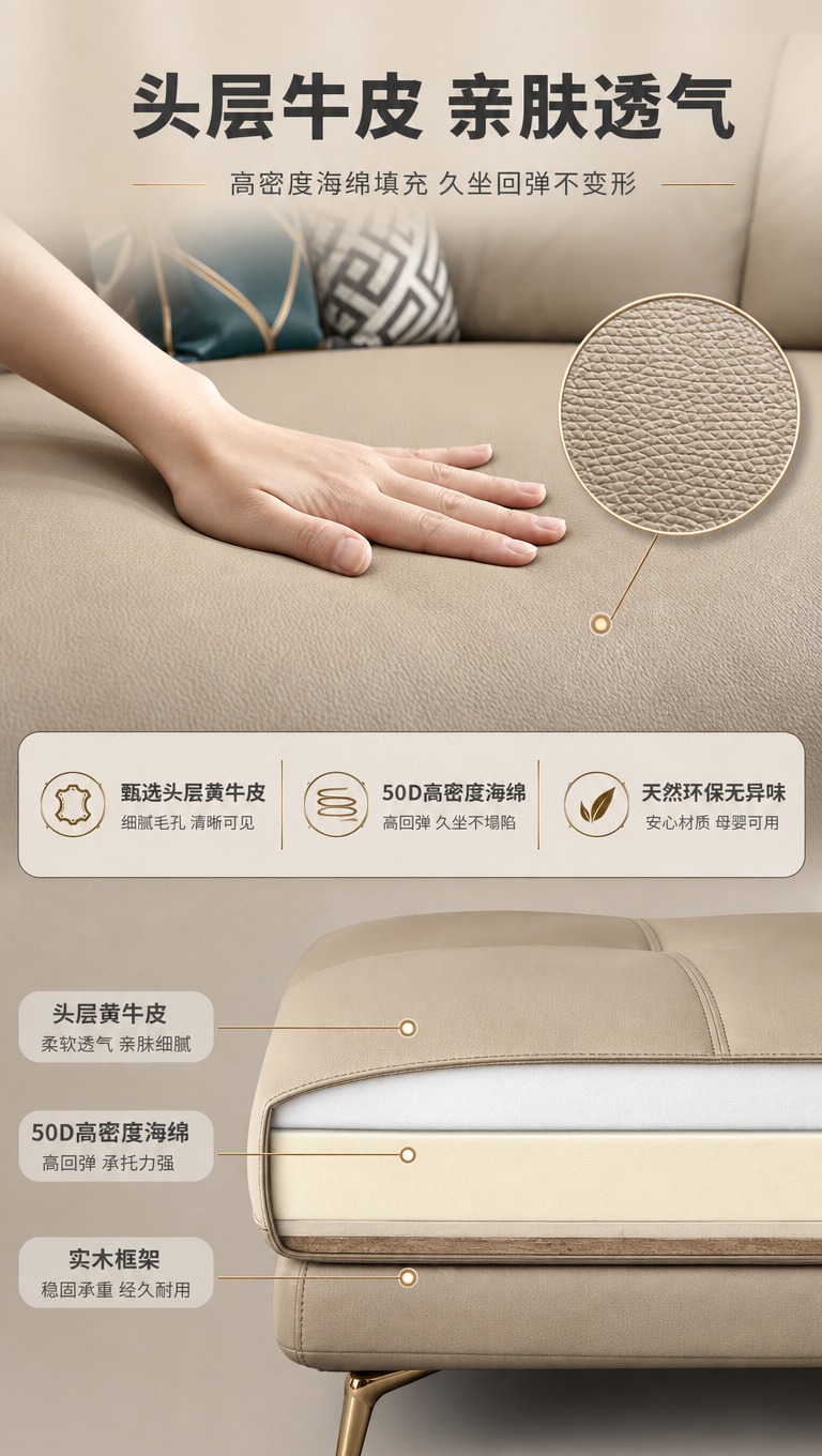 [商品] 使用【图2】浅卡其色头层牛皮L型贵妃沙发；保留沙发的… - 图片创意预览